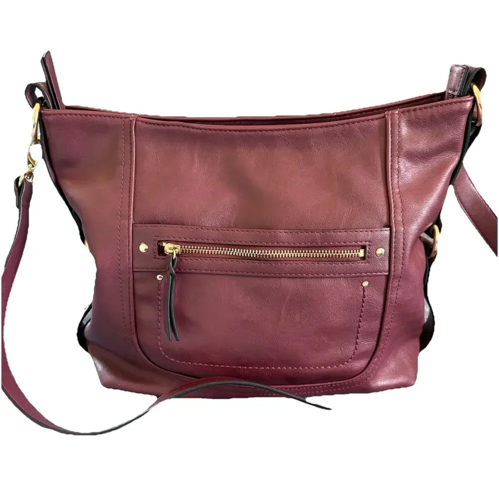 INC International Concepts Burgundy Top Zip Closure Hobo Bag Inside Pockets